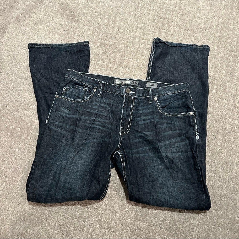 BKE Derek Dark Blue Denim Jeans.  White stitching. EUC!